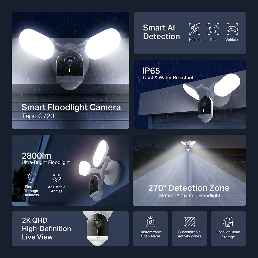 TP-Link Tapo C720 Smart Ultra-Bright Floodlight WiFi Camera | 2K QHD, Smart AI Detection, Wireless | IP65 Dust & Water Resistant TP-Link Tapo C720 Smart Ultra-Bright Floodlight WiFi Camera | 2K QHD, Smart AI Detection, Wireless | IP65 Dust & Water Resistant